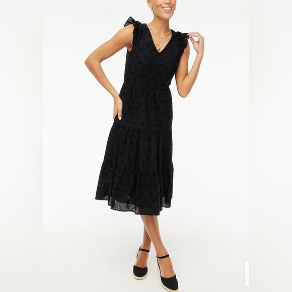 J.Crew Black Eyelet Tiered Midi Dress Ruffle Sleeve Cotton Floral V-Neck 4 S1